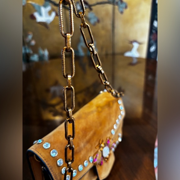 *SOLD** Yellow Suede Bag with Pink Crystal bug Embellishment - Picture 8 of 12